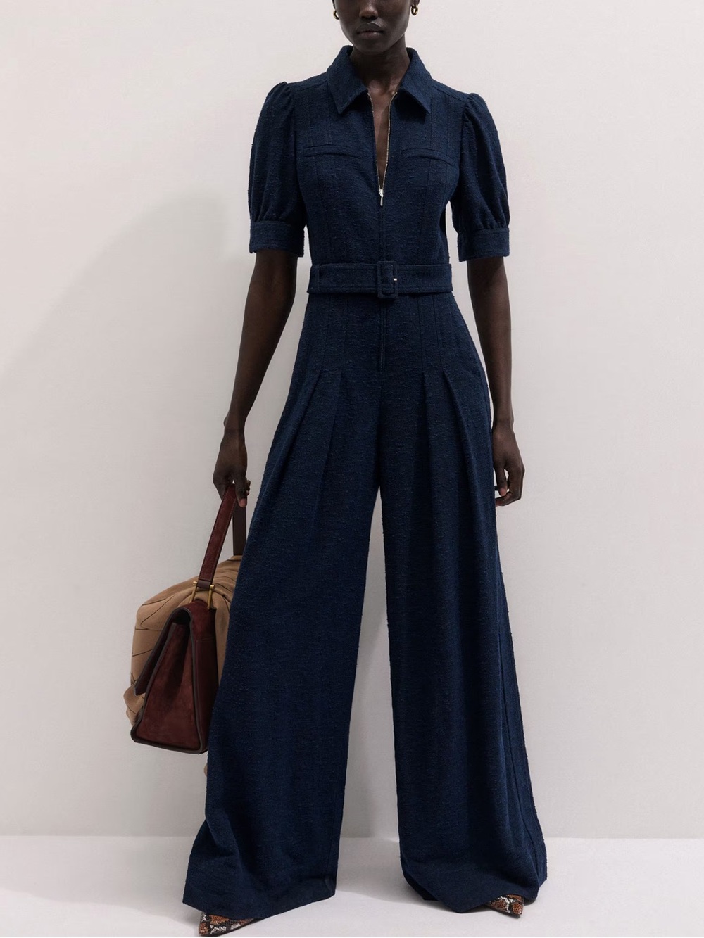 ME+EM Very Wide-Leg Jumpsuit Tweed Tailoring Navy